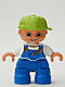 47205pb002: Duplo Figure Lego Ville, Child Boy, Blue Legs, White Top with Blue Overalls, Lime Cap