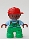 47205pb013: Duplo Figure Lego Ville, Child Boy, Bright Green Legs, Bright Light Blue Top with Bright Green Overalls with Snake in Pocket, Brown Head, Red Cap