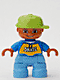 47205pb014: Duplo Figure Lego Ville, Child Boy, Medium Blue Legs, Blue Top with 'SKATE' Text Pattern, Lime Cap