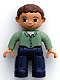 47394pb036: Duplo Figure Lego Ville, Male, Dark Blue Legs, Sand Green Top with Buttons, Reddish Brown Hair, Brown Eyes