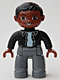 47394pb071: Duplo Figure Lego Ville, Male, Dark Bluish Gray Legs, Black Top with Buttons, Black Hair, Brown Head