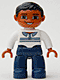 47394pb074: Duplo Figure Lego Ville, Male, Dark Blue Legs, White Top with with Buttons and Stripes, Black Hair, Brown Eyes
