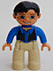 47394pb078: Duplo Figure Lego Ville, Male, Tan Legs, Blue Top, Black Vest, Black Hair