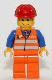 trn130: Orange Vest with Safety Stripes - Orange Legs, Red Bangs, Red Construction Helmet